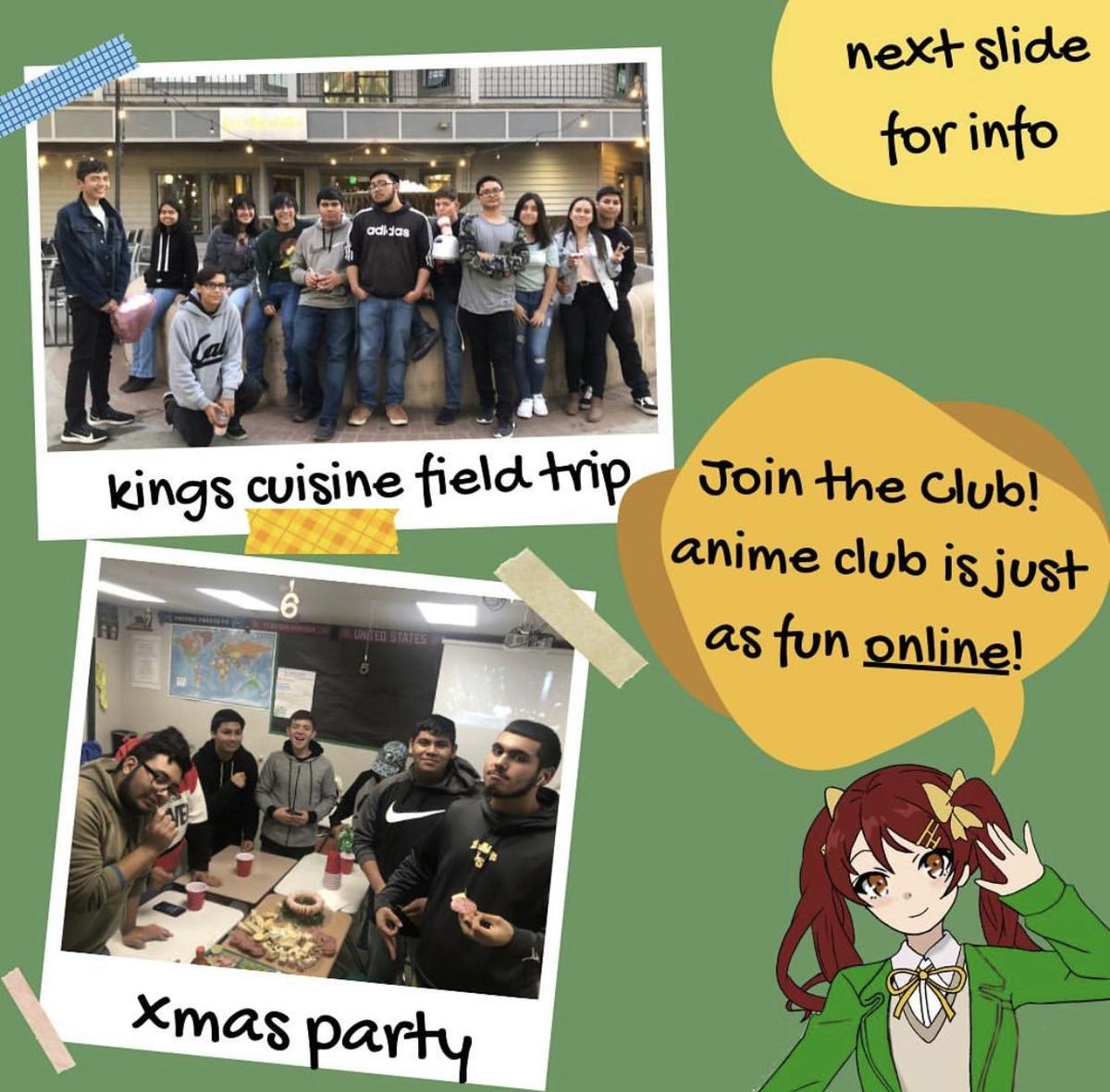 Anime Club members at having fun at a field trip and Christmas party. 