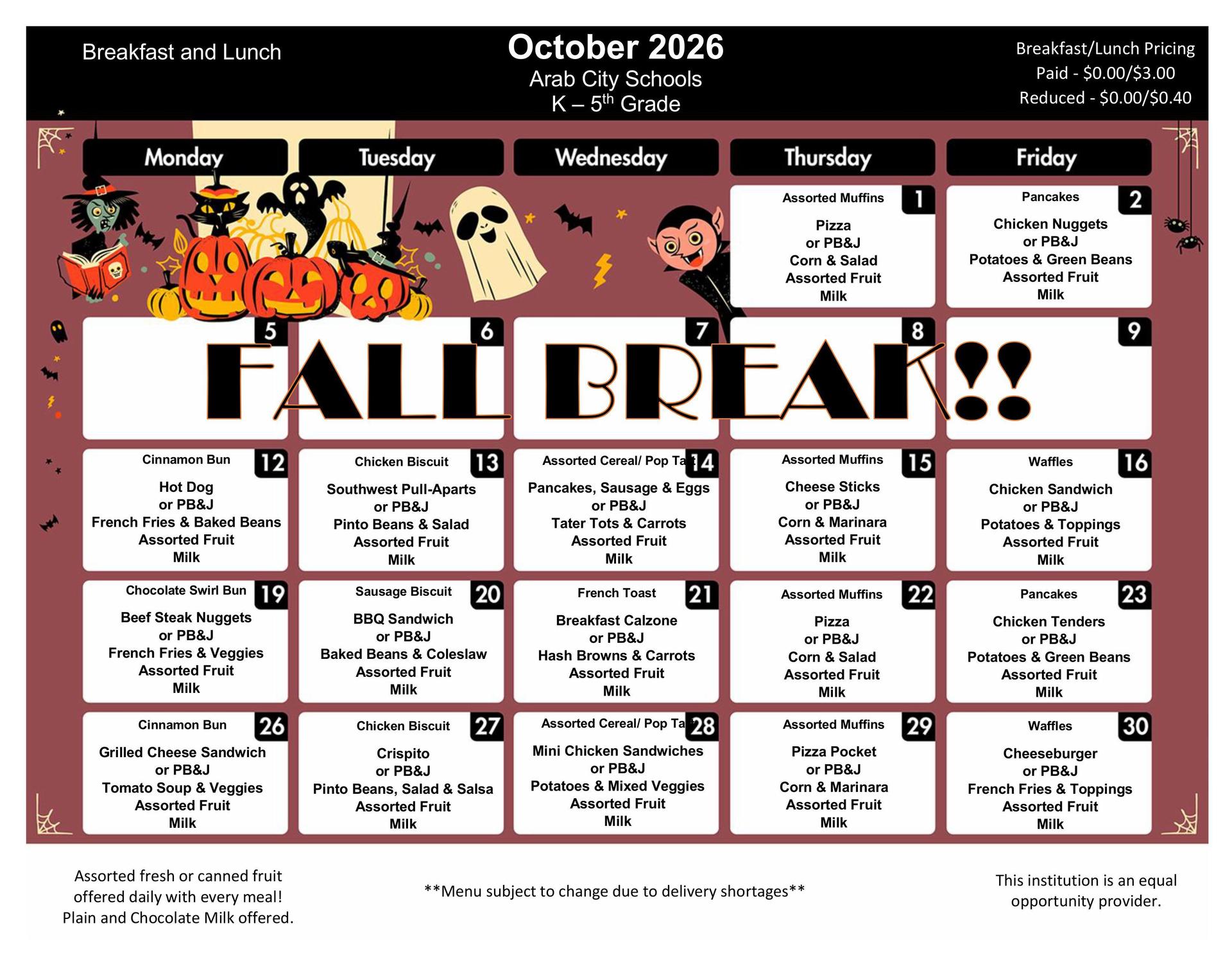 October 2026 Menu PreK-5