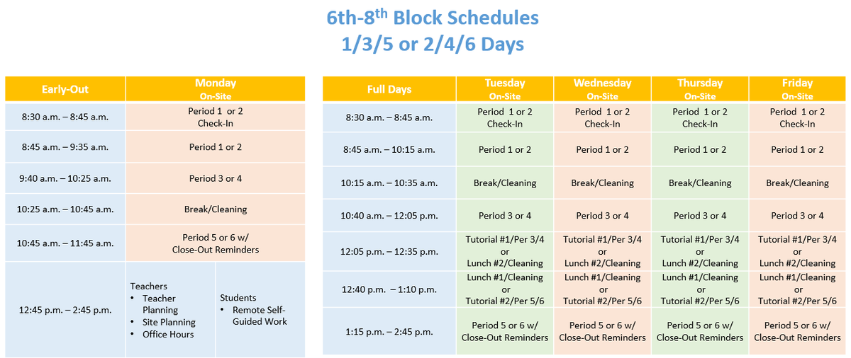 Image of daily schedule - please contact Ed Services if you need assistance