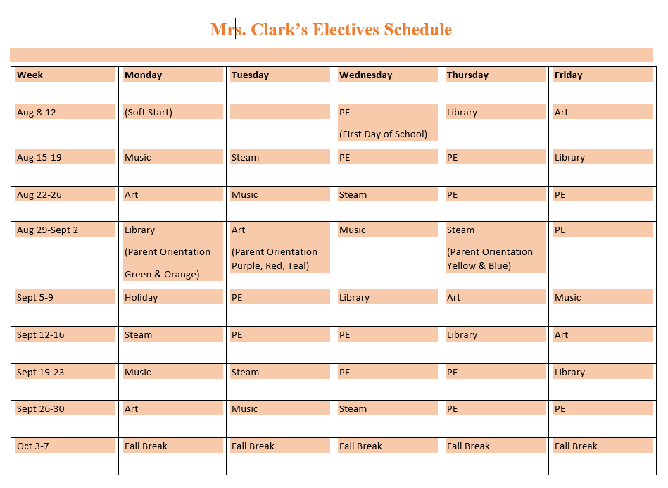 Specials Schedule Mandy Clark Falcon Ridge Elementary School