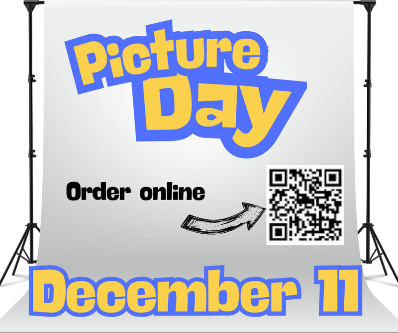 Event promotional graphic for Picture Day, featuring a QR code and date December 11.
