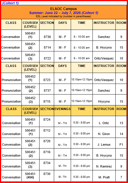 ESL Summer Class Schedule Pic