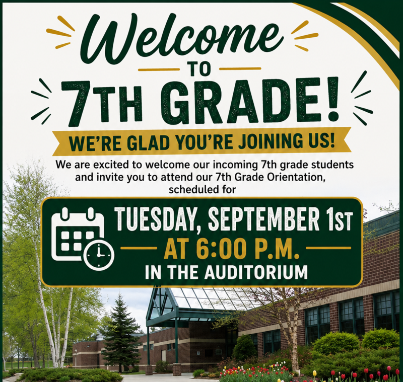7th Grade Orientation Sept. 1st at 6 pm