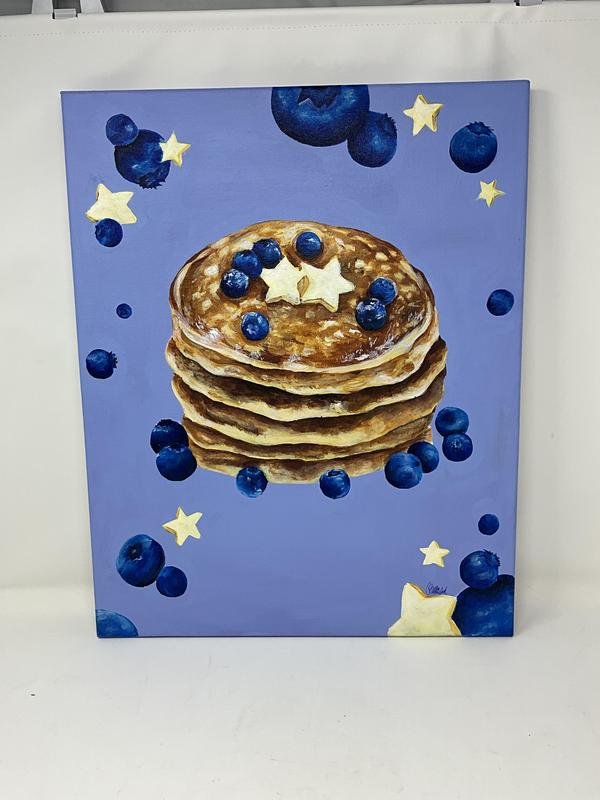 Painting of blue berry pancakes on a blue background
