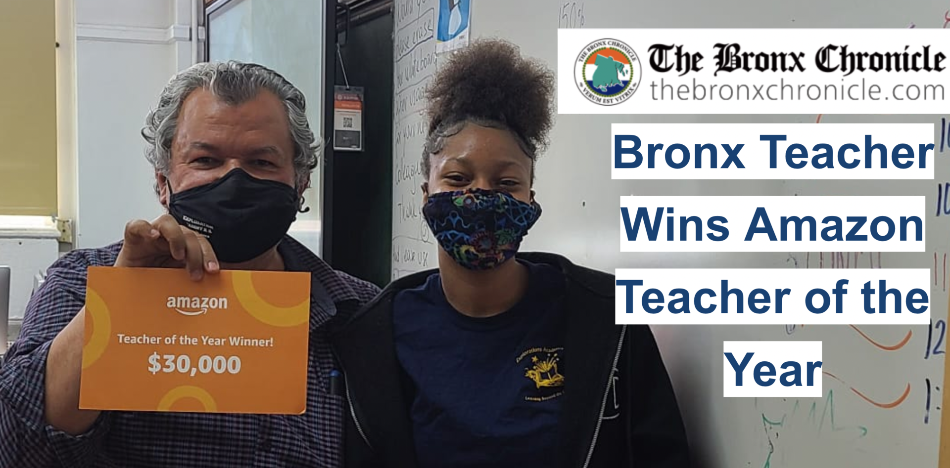 Mr. Barreto on the left with female students holding amazon's $30,000 check