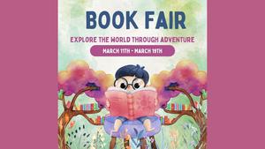 A child reading a book under trees with colorful leaves, promoting a book fair.