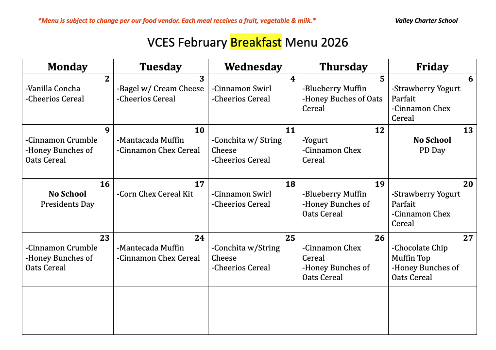 valley charter elementary school monthly breakfast menu