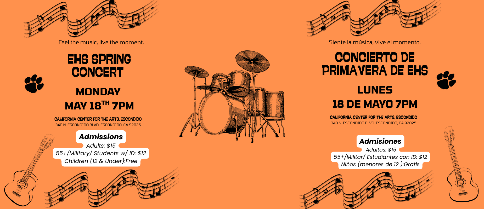 Concert flyer featuring drums, musical notes, and bilingual event details.