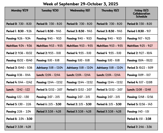 Weekly bell schedule