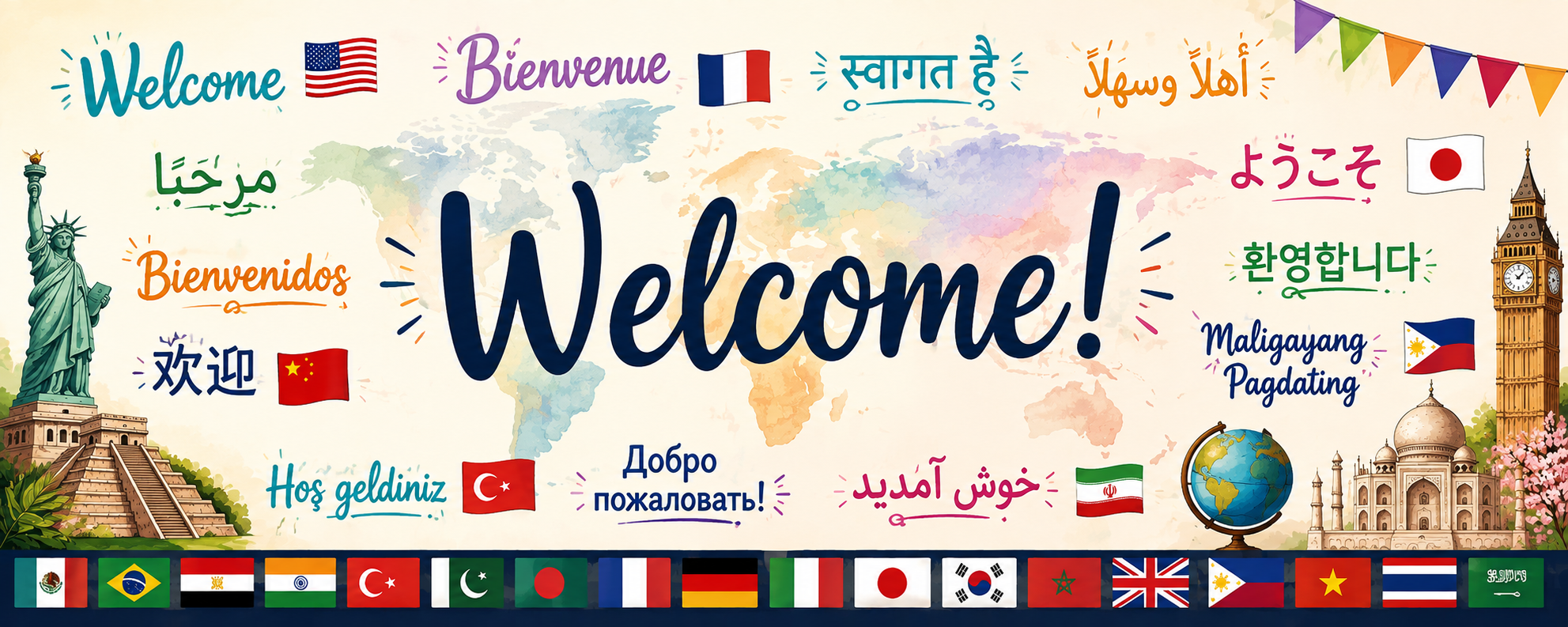 “Multicultural welcome banner with greetings in different languages and flags from around the world.