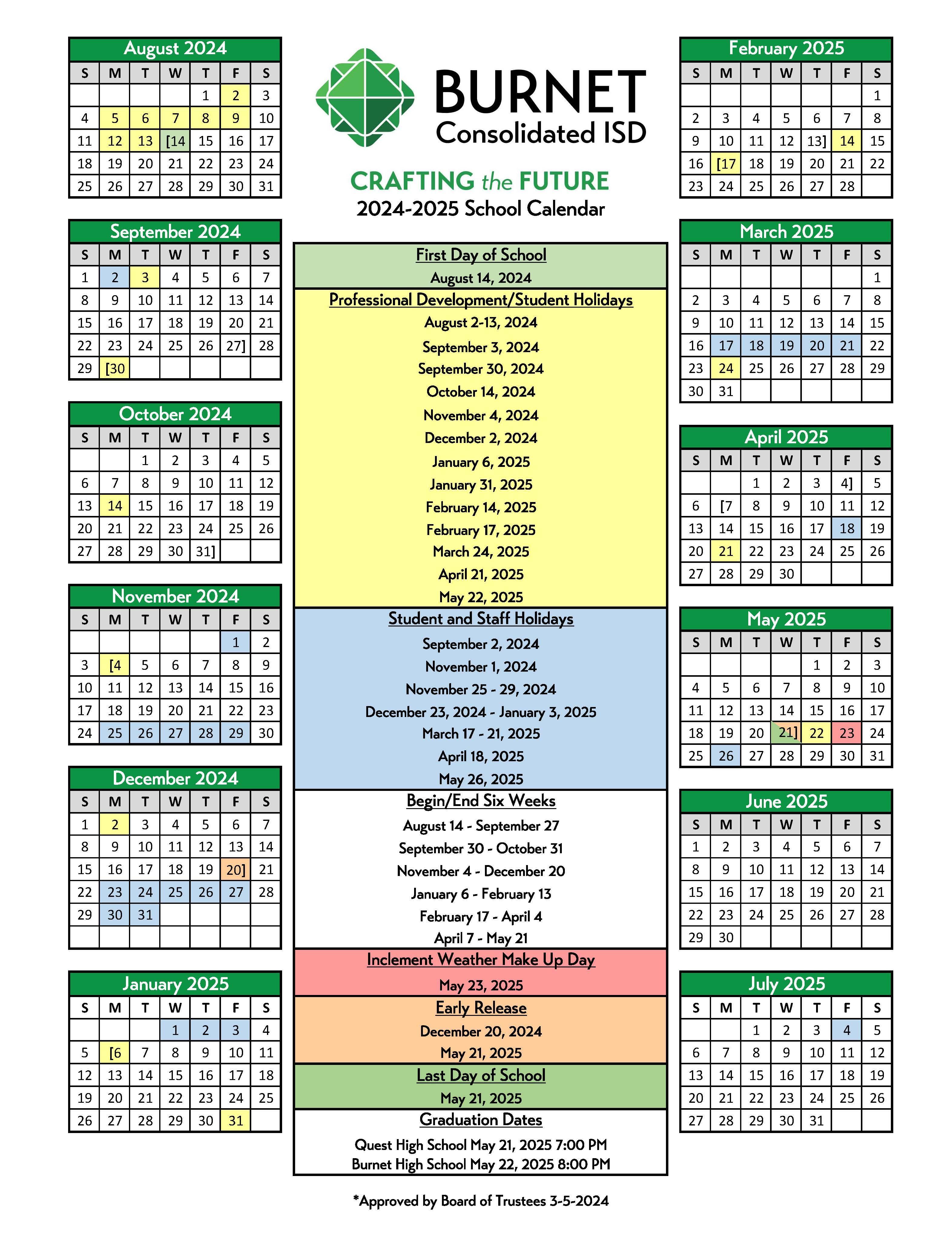 2024 2025 School Year Calendar District Burnet Consolidated ISD