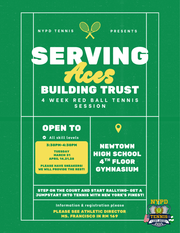 NYPD Tennis Serving Aces flyer. All information in adjoining post.