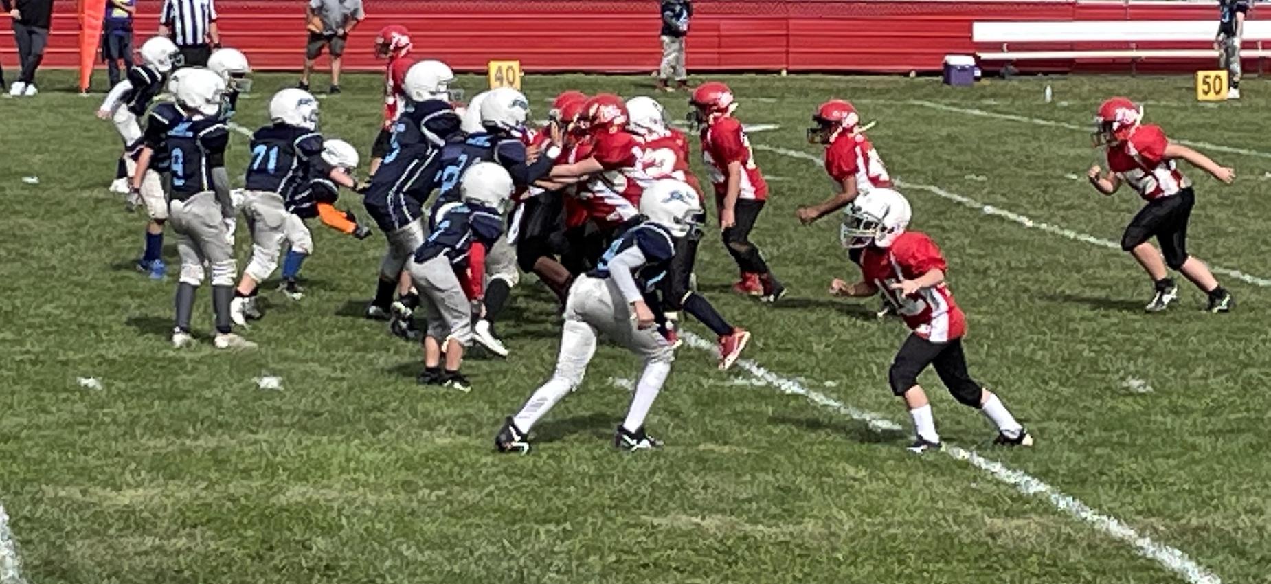 Football players play on a field.