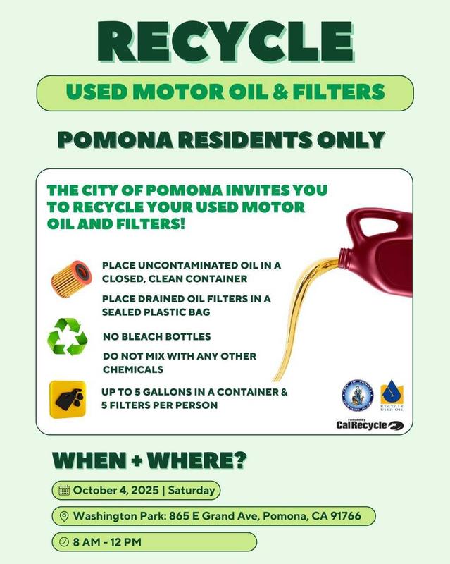 Pomona residents only - The city of Pomona invites you to recycle your used motor oil and filters!