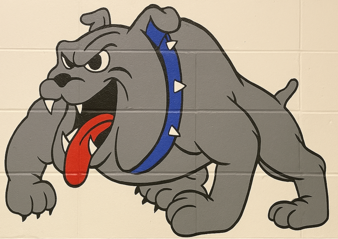 Bulldog on the wall.