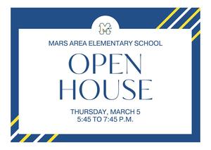 A white box with the words Open House over a blue background with yellow stripes.