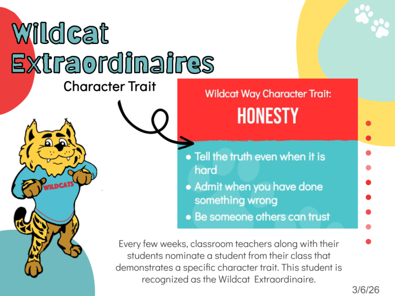 Wildcat Extraordinaires for honesty with student name and pictures