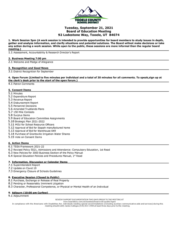Board of Education Work Session and Board Meeting - Sept. 21, 2021 Thumbnail Image