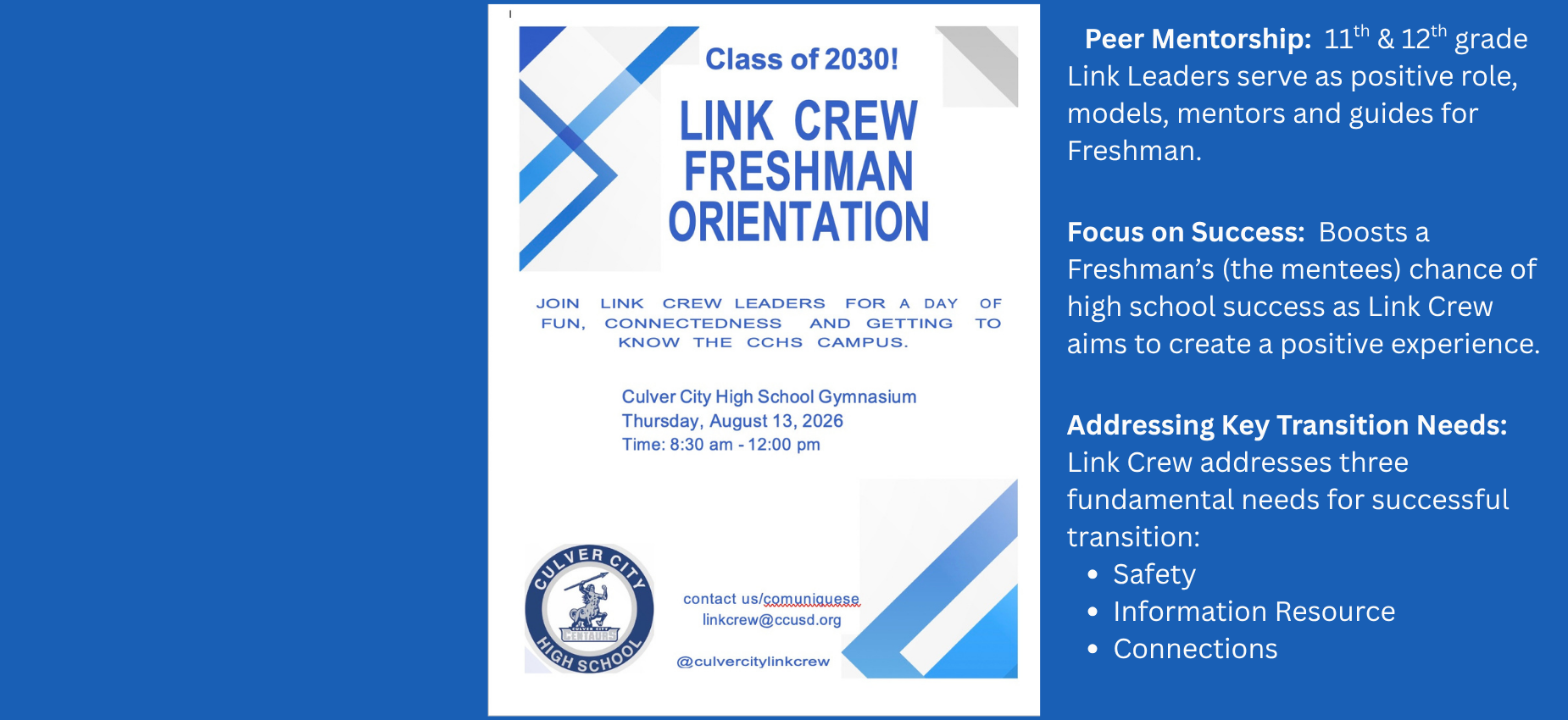 Event flyer for Link Crew Freshman Orientation at Culver City High School.
