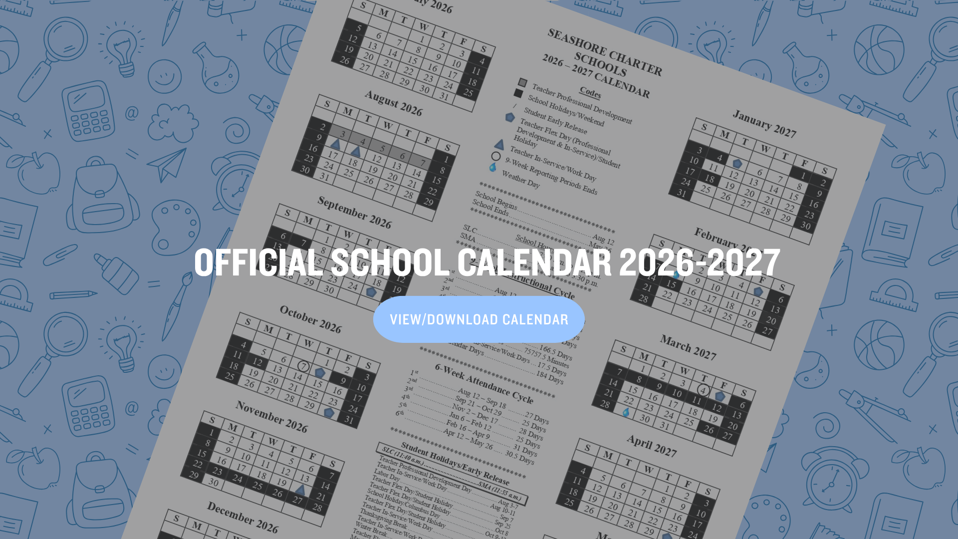 School calendar for 2026-2027 with monthly layouts and key dates.