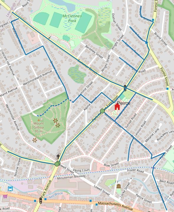 Map of Peirce walking route. Includes Park Ave Extension, Summer Street, Blossom, Madison Ave, Blossom, Huntington, Cypress, and Forest St. 