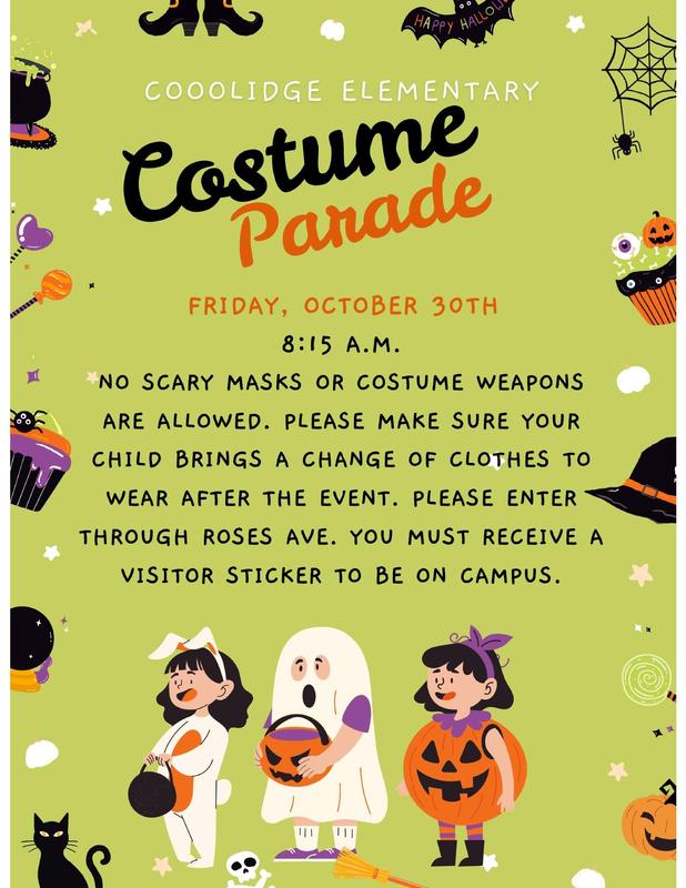 Green flyer with kids dressed in costumes. Information about the Costume Parade on 10/30/26 at 8:15.
