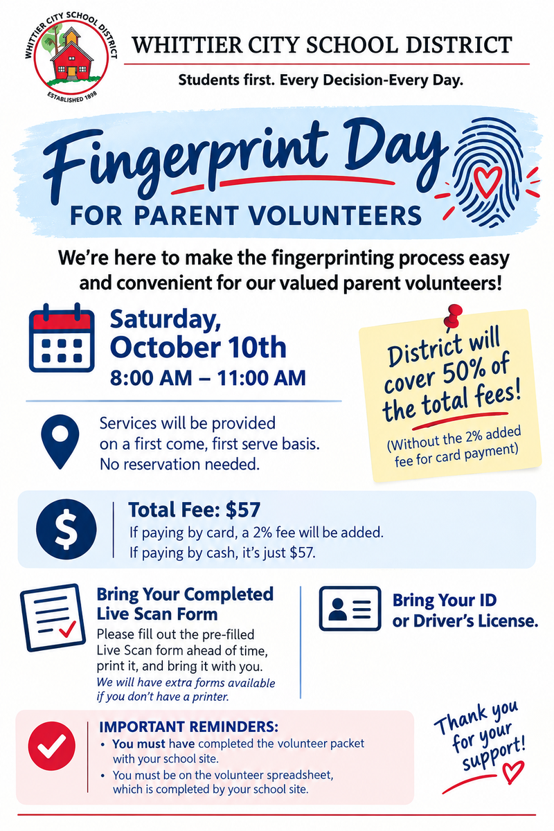 Possible Volunteers! There is an opportunity to get fingerprinted on October 10th!