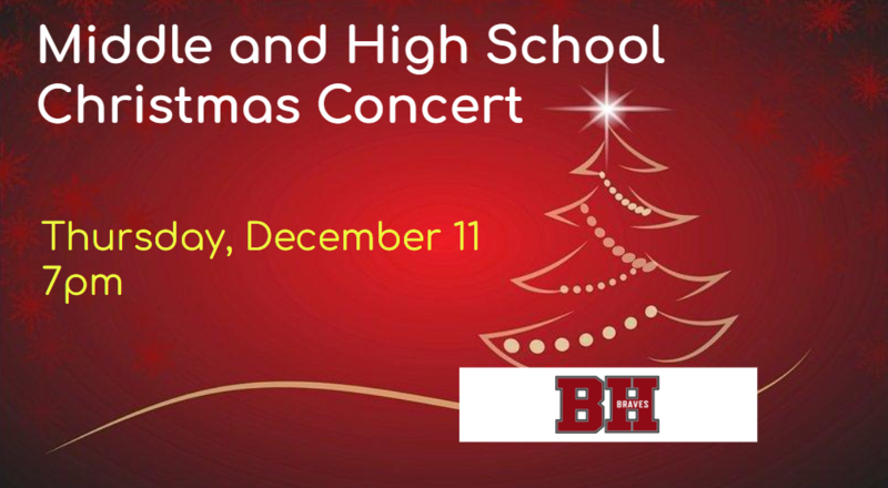 BH under Christmas tree made of lights with concert information listed