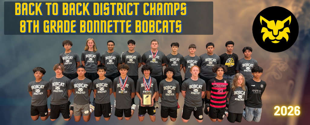 Team photo of the 8th grade Bonnette Bobcats with a championship plaque.