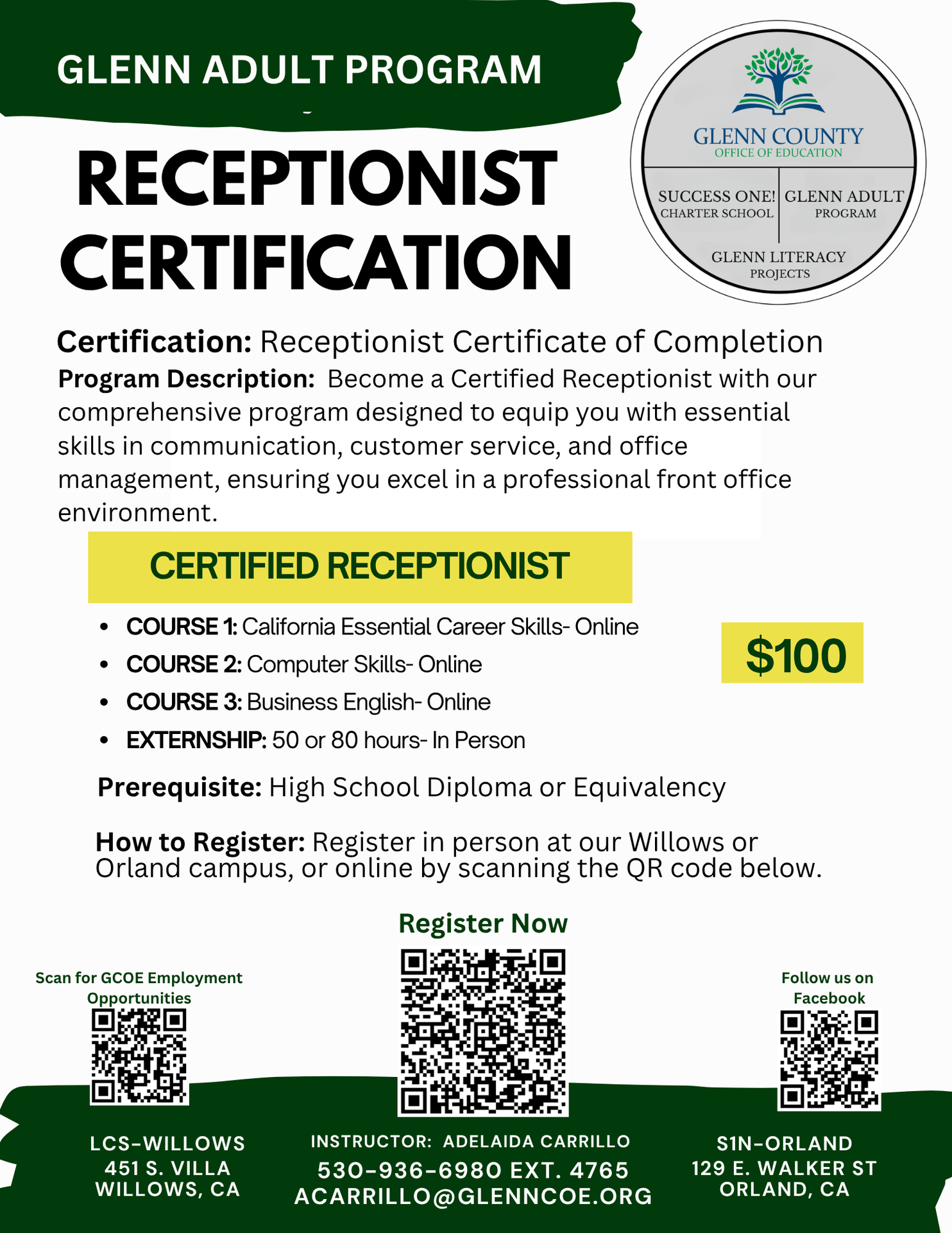 Receptionist Certification flyer