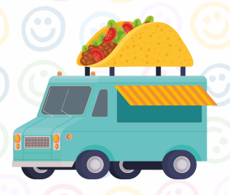 Illustration of taco food truck with colorful smiley faces throughout the background