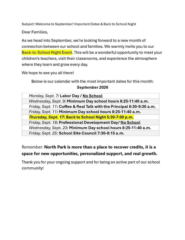 September schedule of events for NPHS. Including Back to School Night on September 17, 2026.