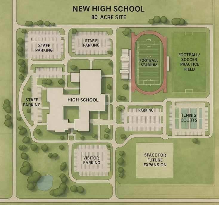 A rough draft arial site plan for a new high school at a new site