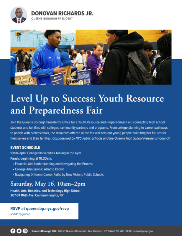 Queens Borough President's Office Level Up to Success: Youth Resource and Preparedness Fair flyer