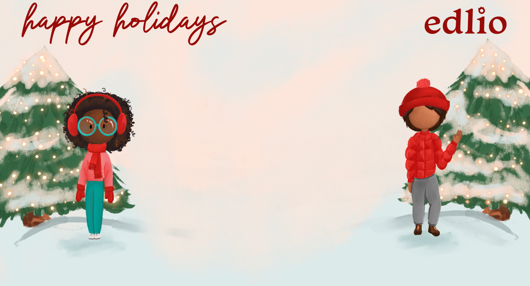 Two cartoon figures celebrating the holidays with decorated trees and festive text.