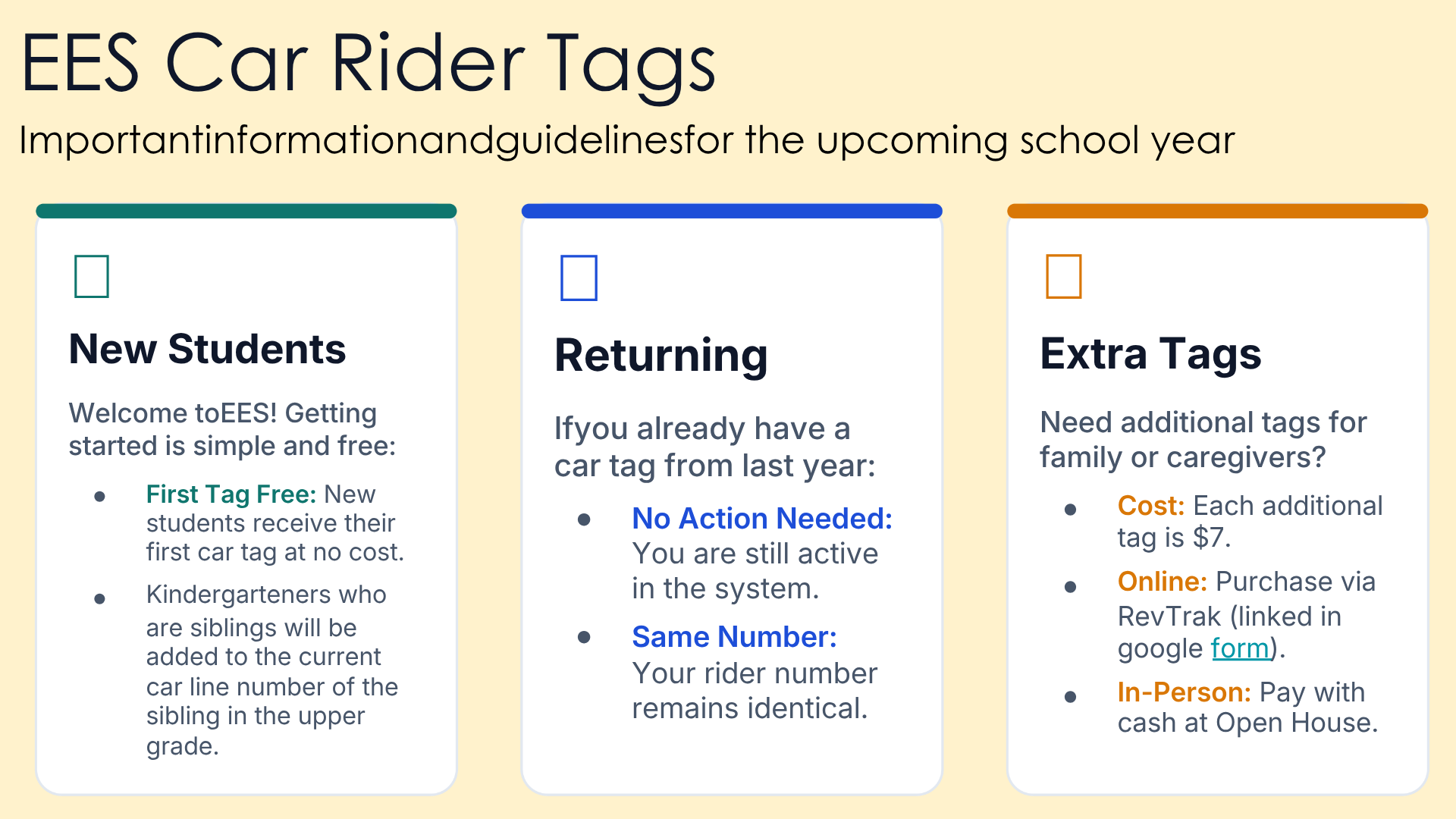 Informational graphic on EES car rider tags for new and returning students.