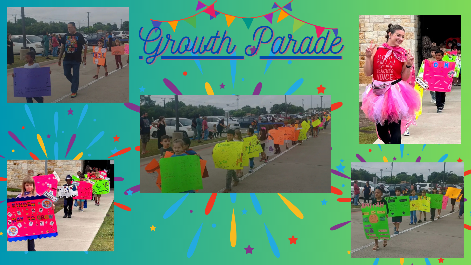 Pictures of students and teachers marching in the Jefferson Growth Parade.