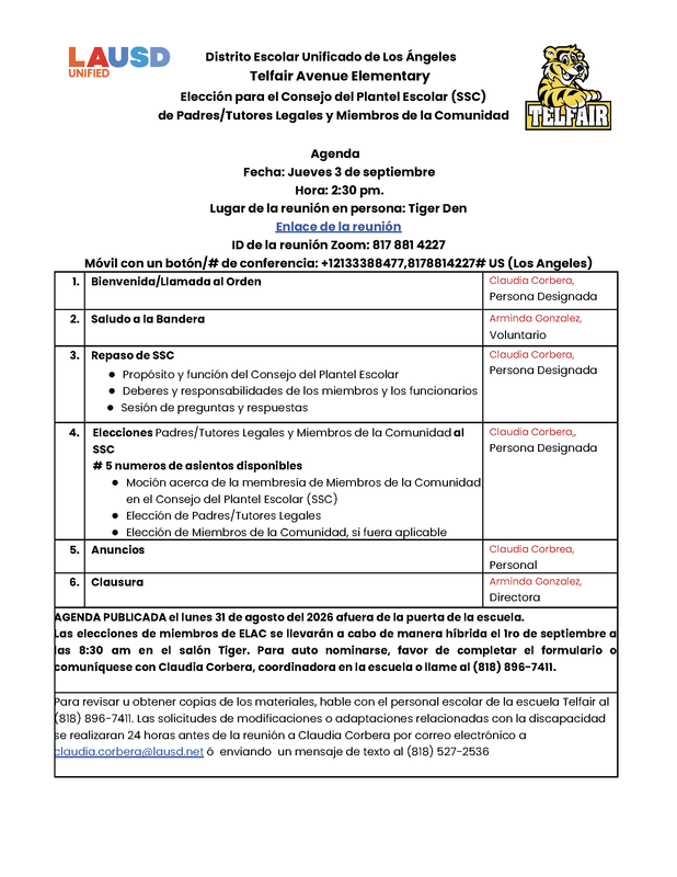 Agenda de la Elección de Miembros Padres