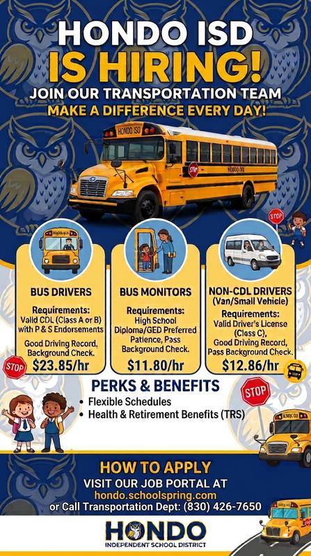Job advertisement for Hondo ISD hiring transportation staff with benefits.