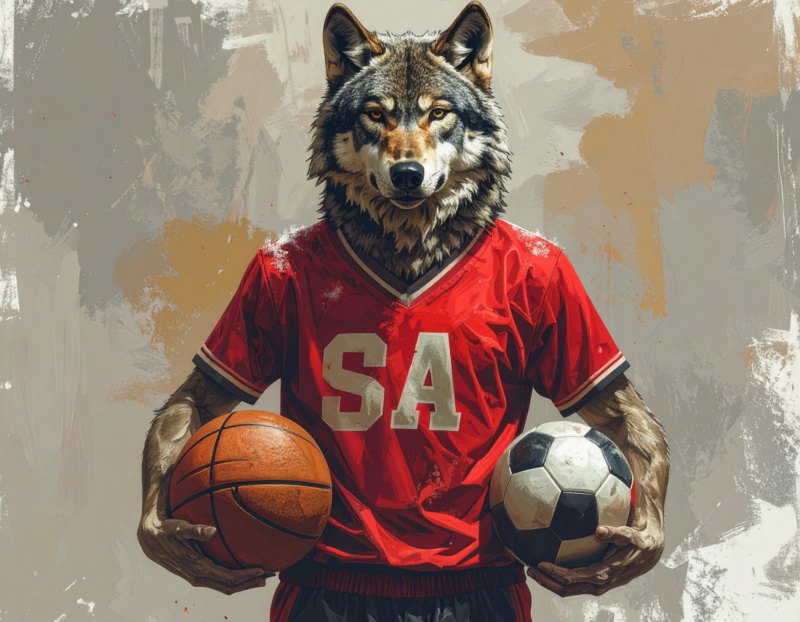 Wolf holding basketball and soccer ball.