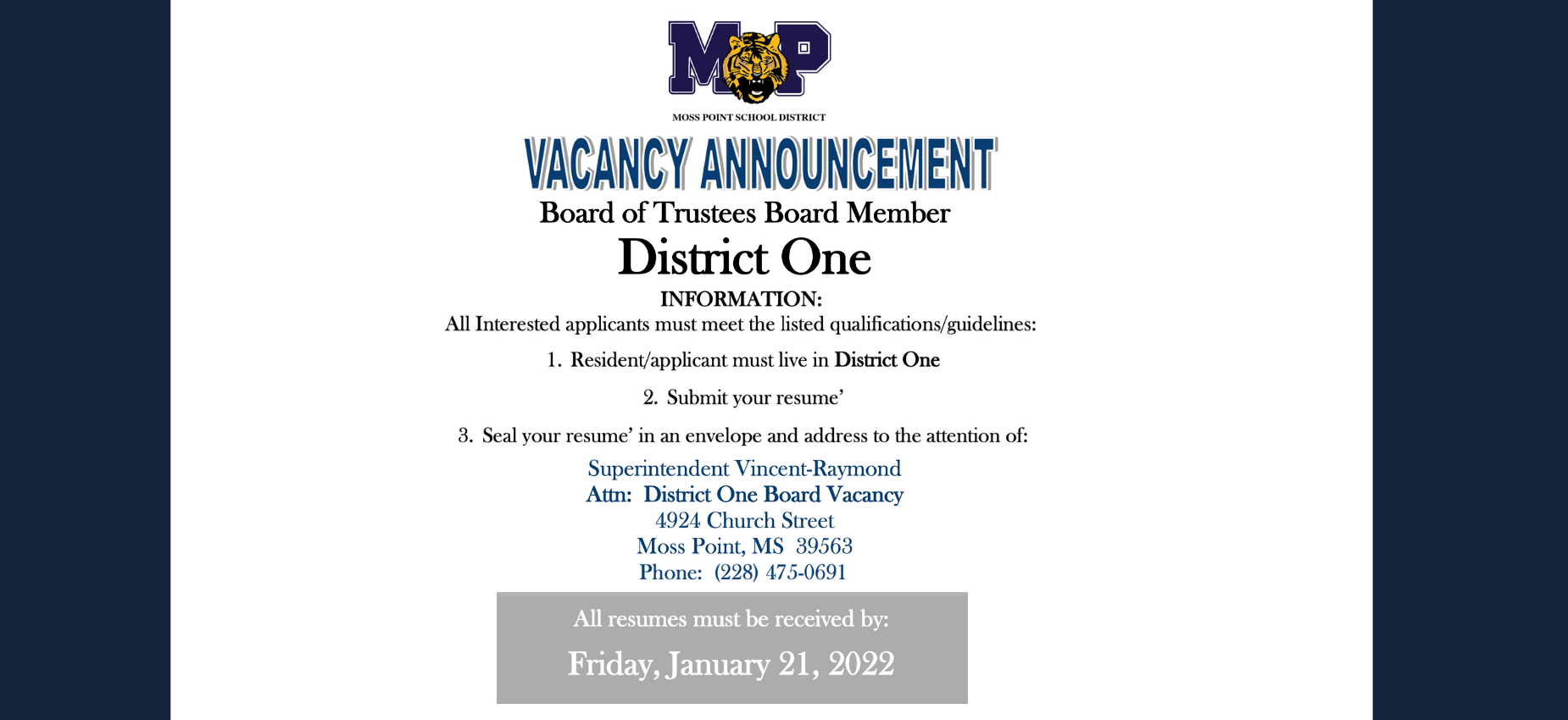 Vacancy Announcement - Board of Trustees - District 1