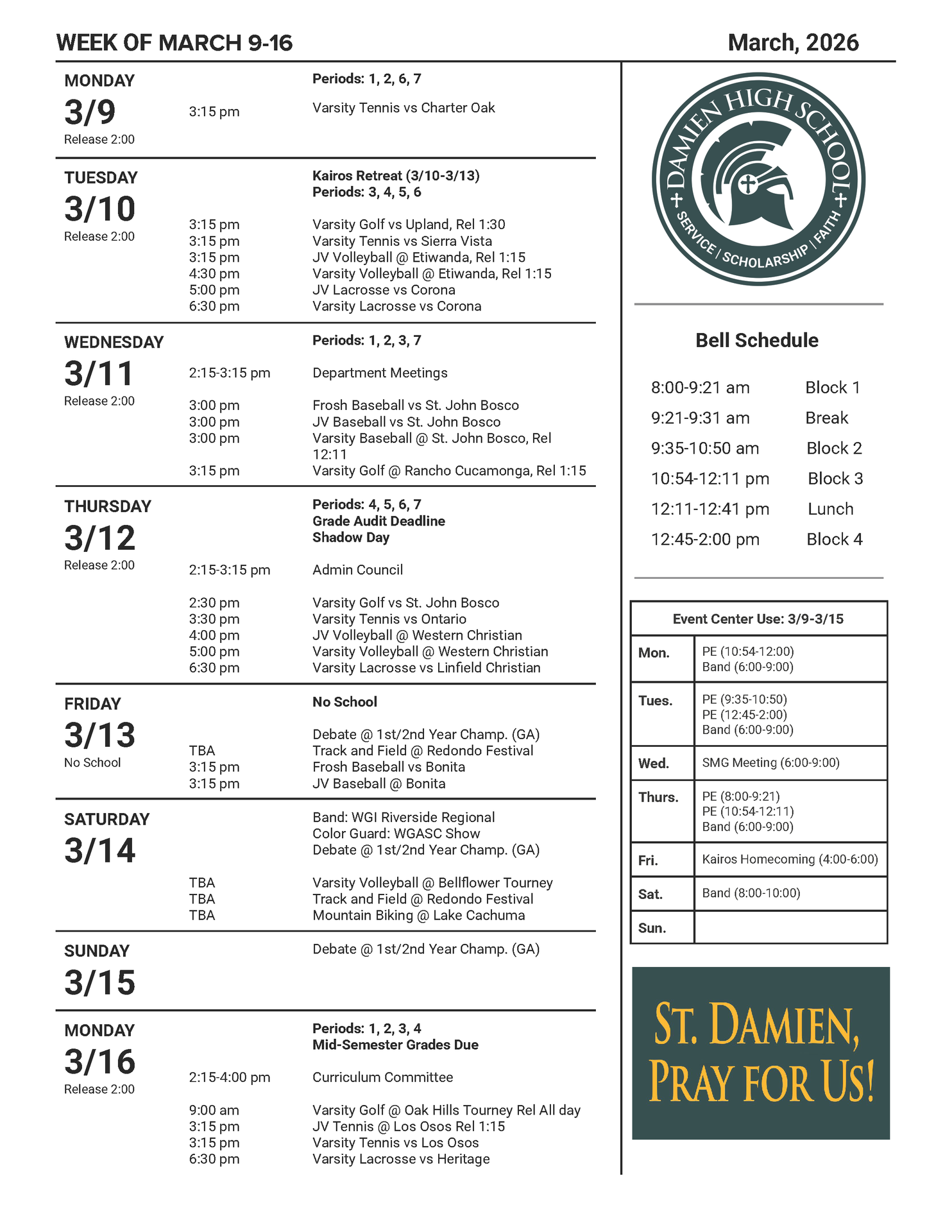 Damien High School Weekly Schedule