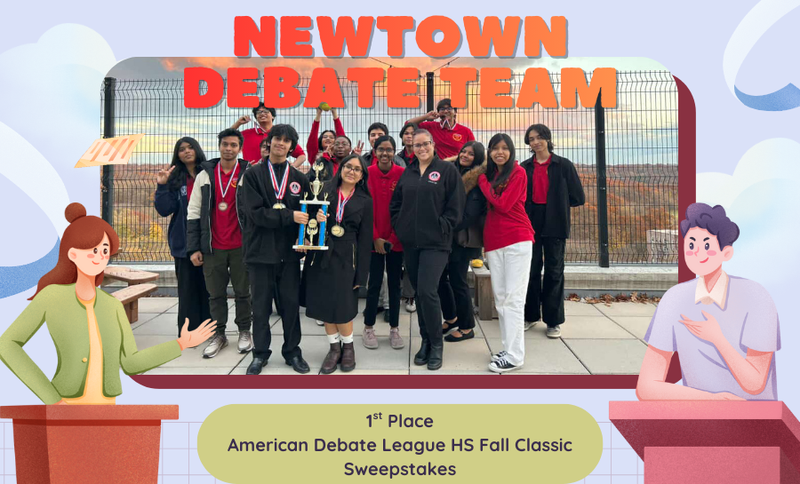 Post celebrating the Debate Team's success. Group photo with trophy.