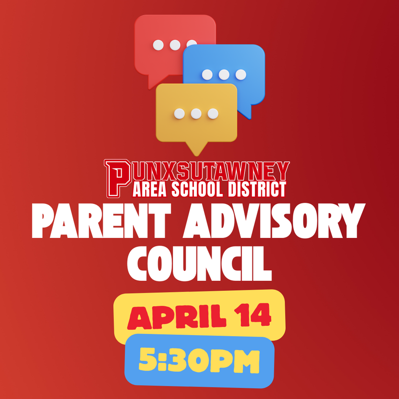 Red background with clipart of talking bubbles, PASD logo, and text stating Parent Advisory Council Meeting on April 14 at 5:30PM
