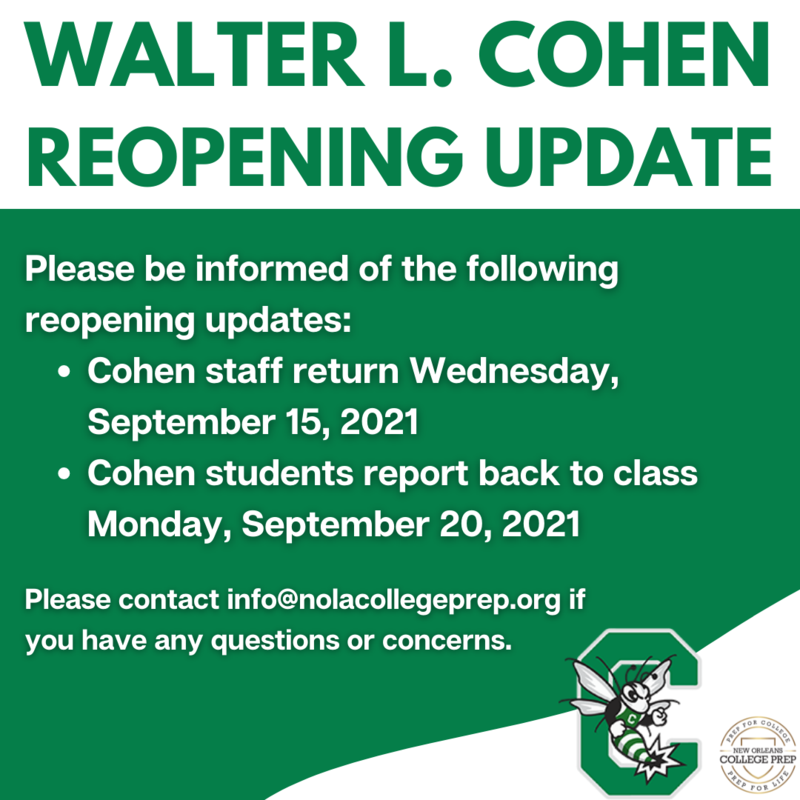 Walter L. Cohen High School Reopening Update Featured Photo