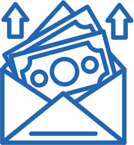 Icon of money in envelope with arrows pointing up 
