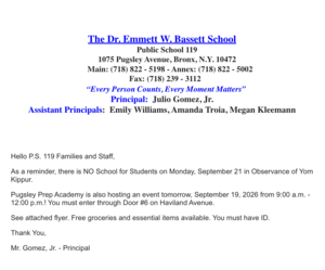 Yom Kippur No School Letter for Parents September 21, 2026