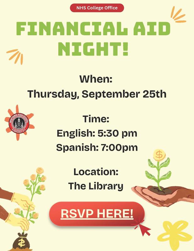 Financial Aid Night flyer. Images of money growing from plants. All text in adjoining post.