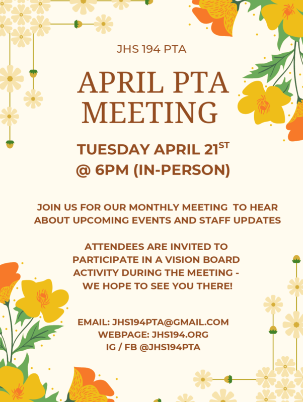 April PTA Meeting at 6pm