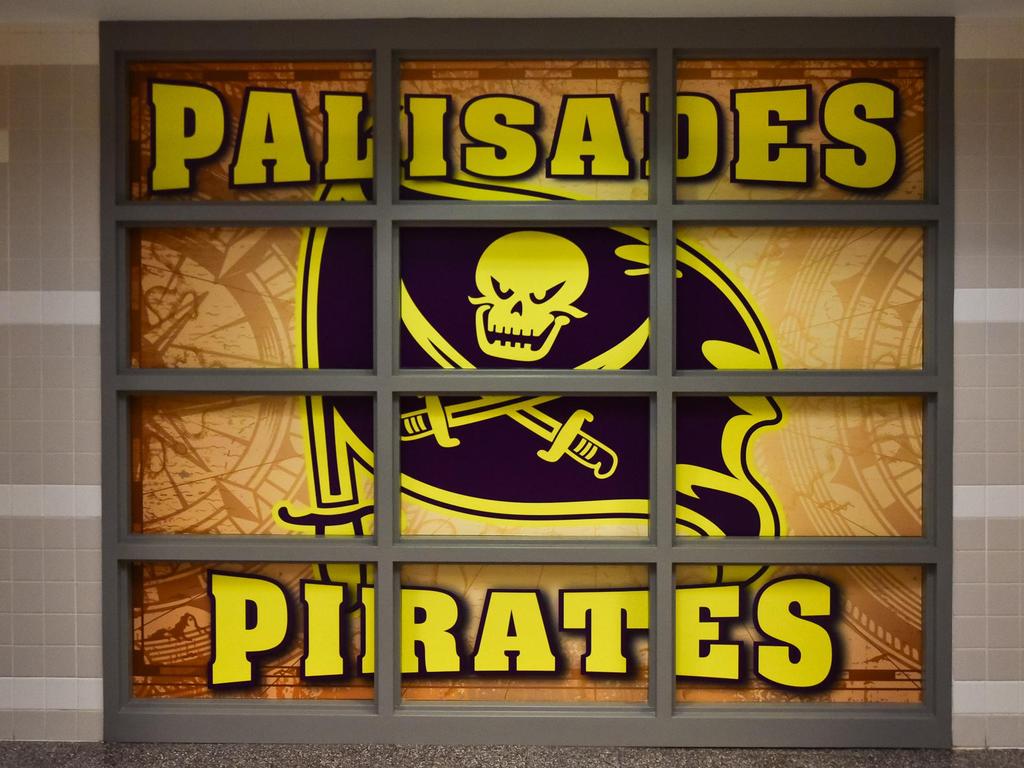 A Palisades Pirate mural in the school hallway.